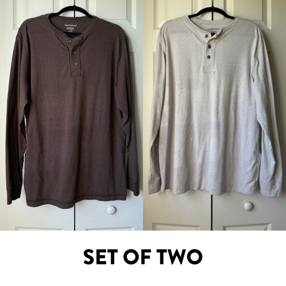 Set of Two Saddlebred Comfort Flex Henley Shirt Men Heather Brown and Beige - L